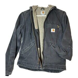 Carhartt Thrashed Black Canvas Sherpa Duck Jacket Construction Utility Coat XS